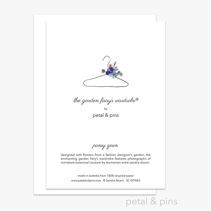 pansy gown greeting card back from the garden fairy's wardrobe by petal & pins