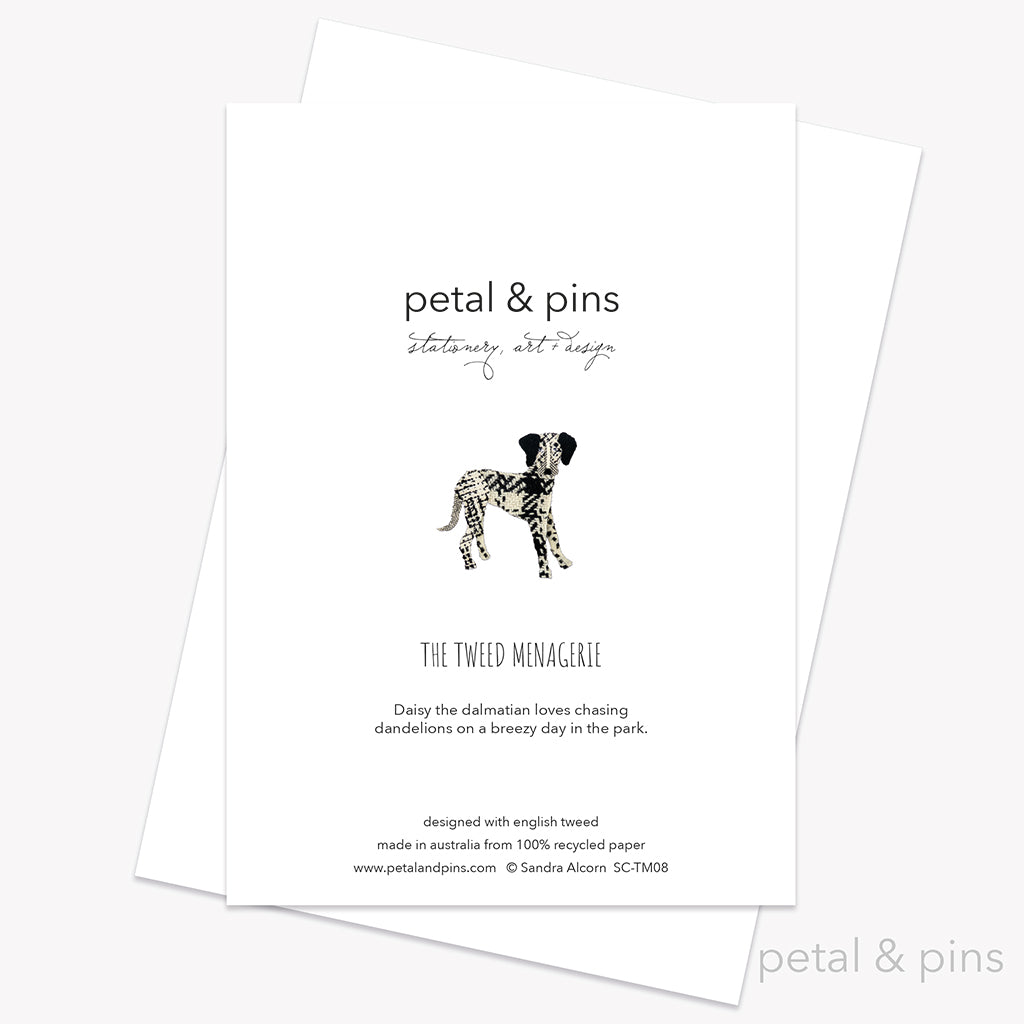 dalmatian dog greeting card back from the Tweed Menagerie by petal & pins