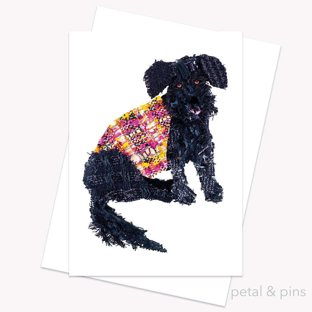 Black labradoodle dog greeting card from the Tweed Menagerie by petal & pins