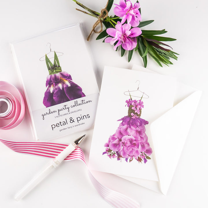 garden party collection card set by petal & pins styled with lavender and geranium dress card